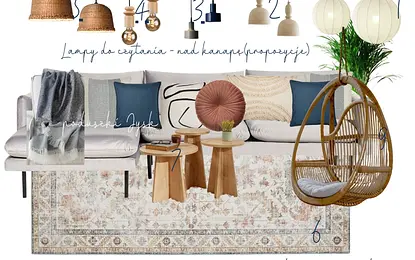 Kącik wypoczynkowy w stylu boho, prowansalskim i rustykalnym z poduszkami i lampami.