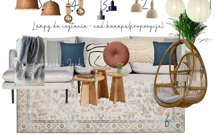 Kącik wypoczynkowy w stylu boho, prowansalskim i rustykalnym z poduszkami i lampami.
