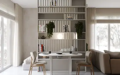Wnętrze jadalni w stylu japandi, minimalistycznym, z nowoczesnym stołem i półkami.