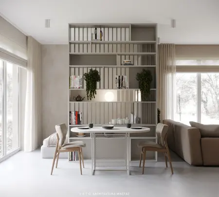 Wnętrze jadalni w stylu japandi, minimalistycznym, z nowoczesnym stołem i półkami.