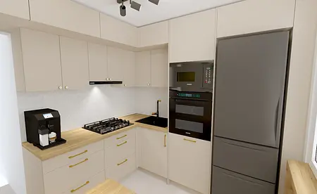 Nowoczesna kuchnia z beżowymi meblami, drewnianym blatem i sprzętem AGD.