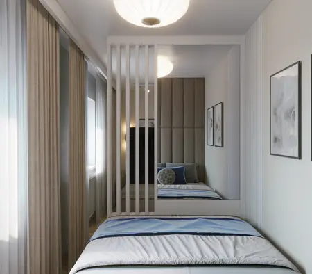 Wnętrze sypialni w stylu japandi, minimalistycznym z niebieskimi akcentami