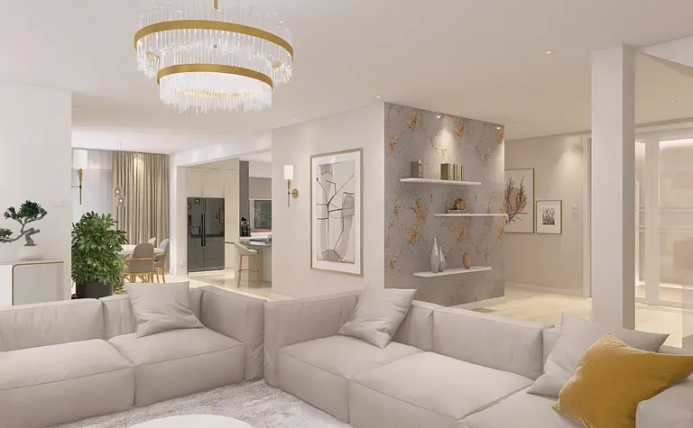 Przestronny salon z jasnymi meblami, dekoracjami glamour i nowoczesnymi akcentami.