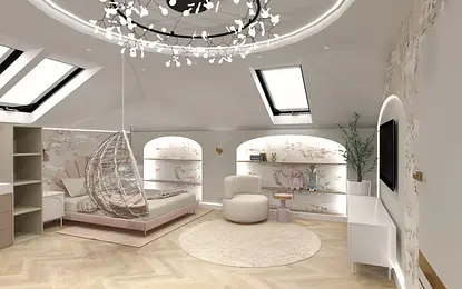 Wnętrze pokoju dziecięcego z różowymi meblami i dekoracjami w stylu glamour i nowoczesnym.