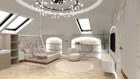 Wnętrze pokoju dziecięcego z różowymi meblami i dekoracjami w stylu glamour i nowoczesnym.