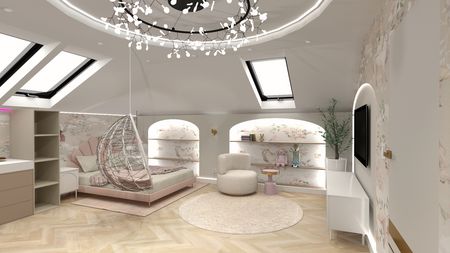 Wnętrze pokoju dziecięcego z różowymi meblami i dekoracjami w stylu glamour i nowoczesnym.