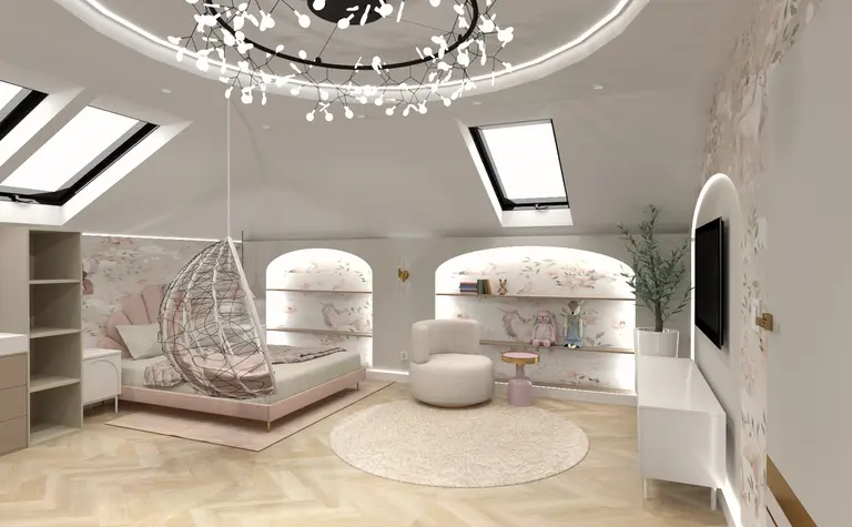 Wnętrze pokoju dziecięcego z różowymi meblami i dekoracjami w stylu glamour i nowoczesnym.