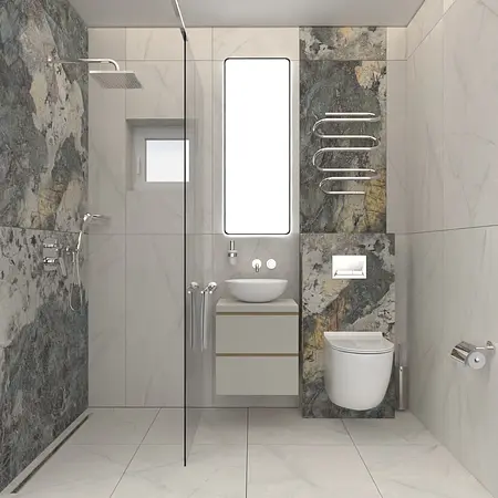 Nowoczesna łazienka z marmurowymi ścianami, prysznicem i minimalistycznym designem. Dopamine decor, industrialny, minimalizm.