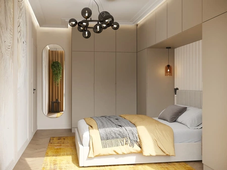 Sypialnia w stylu minimalistycznym z beżowymi meblami i elementami soft minimalizmu.
