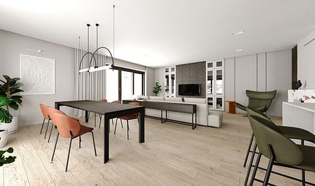 Wnętrze jadalni w stylu eklektycznym z minimalistycznym akcentem, drewniany stół i nowoczesne krzesła.