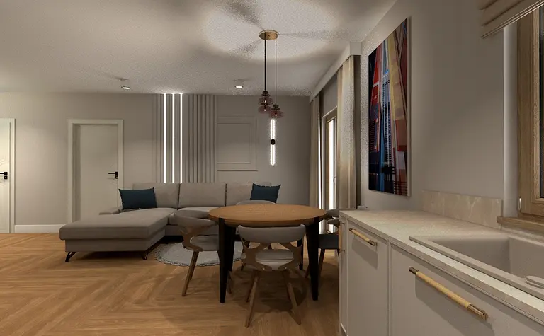 Współczesny salon z brązową sofą, okrągłym stołem i jasnymi ścianami.