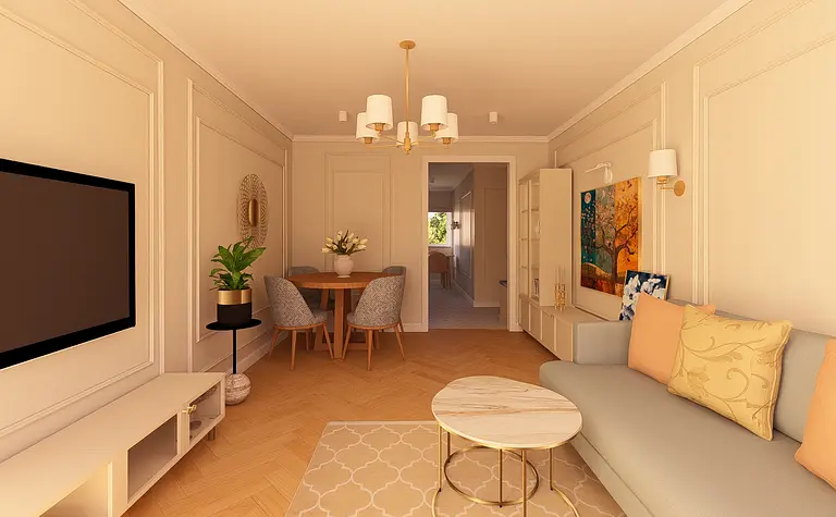 Wnętrze nowoczesnego salonu z beżowymi meblami, drewnianą podłogą i rośliną.