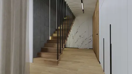 Korytarz z drewnianymi schodami i szarymi ścianami, nowoczesny design