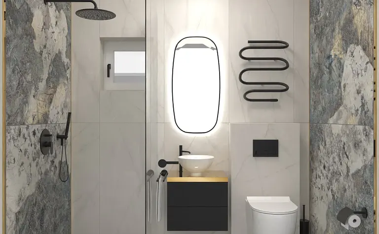 Wnętrze łazienki z kamieniem, minimalizm, industrialne, soft minimalizm, dopamine decor