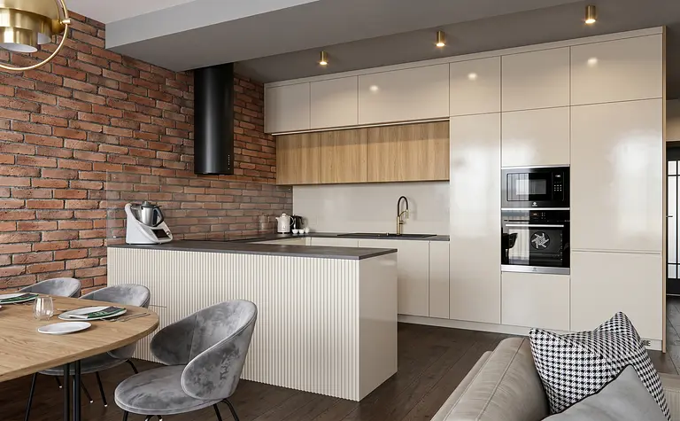 Nowoczesna kuchnia z drewnianymi meblami, ceglaną ścianą i designem glamour.