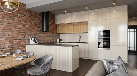 Nowoczesna kuchnia z drewnianymi meblami, ceglaną ścianą i designem glamour.