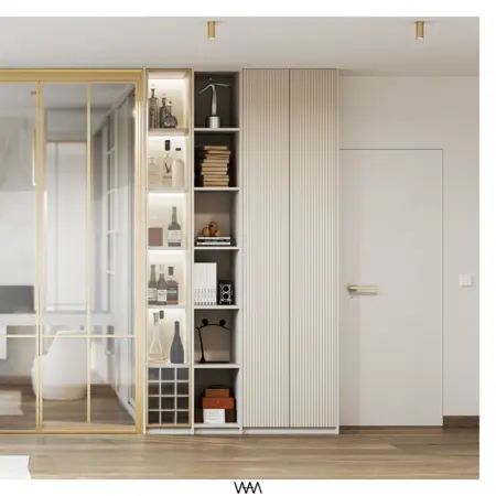 Nowoczesne wnętrze z półkami, minimalistycznym stylem i akcentami glamour.