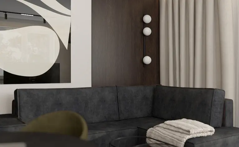 Wnętrze salonu w stylu quiet luxury, współczesnym z ciemną sofą i drewnianymi akcentami.