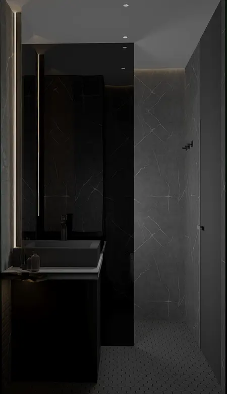 Nowoczesna łazienka w minimalistycznym stylu z czarnymi i szarymi detalami.