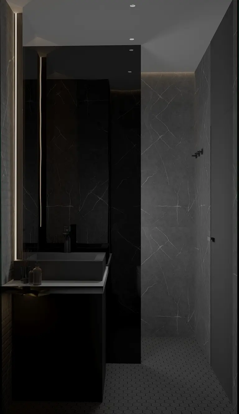 Nowoczesna łazienka w minimalistycznym stylu z czarnymi i szarymi detalami.