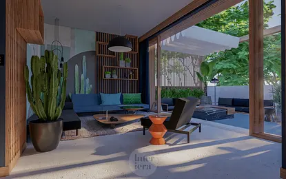 Eklektyczne wnętrze z roślinami i jasnymi meblami w stylu dopamine decor.