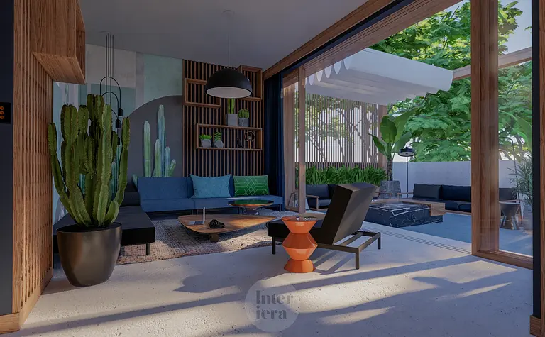 Eklektyczne wnętrze z roślinami i jasnymi meblami w stylu dopamine decor.