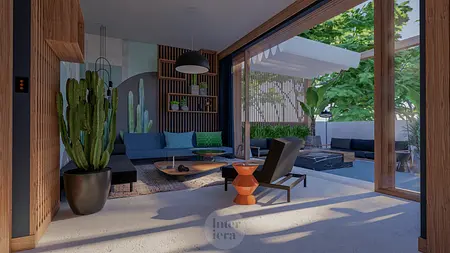 Eklektyczne wnętrze z roślinami i jasnymi meblami w stylu dopamine decor.