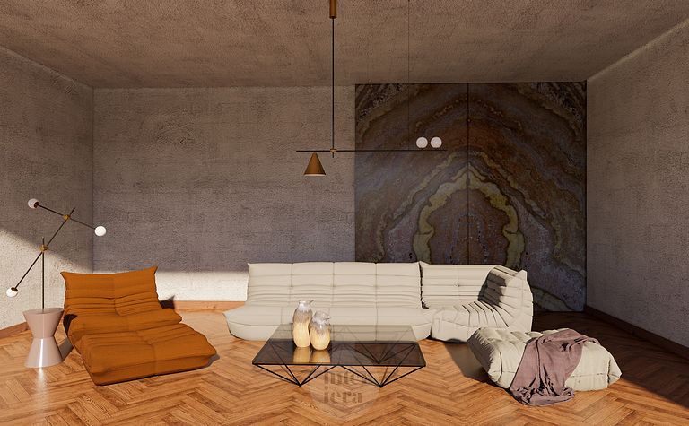 Wnętrze salonu minimalistycznego z beżową sofą, brązowym fotelem i szklanym stolikiem.