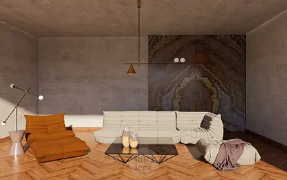 Wnętrze salonu minimalistycznego z beżową sofą, brązowym fotelem i szklanym stolikiem.