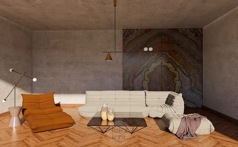 Wnętrze salonu minimalistycznego z beżową sofą, brązowym fotelem i szklanym stolikiem.