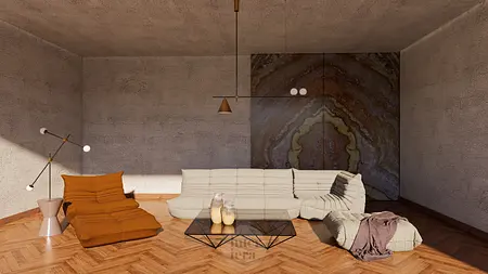 Wnętrze salonu minimalistycznego z beżową sofą, brązowym fotelem i szklanym stolikiem.