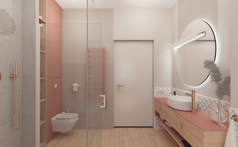 Nowoczesna łazienka z różowymi akcentami i drewnianymi detalami, styl art deco i minimalistyczny.
