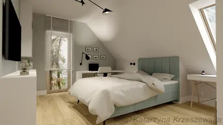 Wnętrze sypialni z niebieskim łóżkiem, minimalistycznym biurkiem, glamour akcentami.