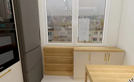 Nowoczesna kuchnia z drewnianymi meblami i dużym oknem, pełna naturalnego światła.