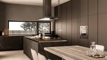 Wnętrze kuchni z ciemnymi meblami i drewnianym blatem, minimalistyczny i nowoczesny design.