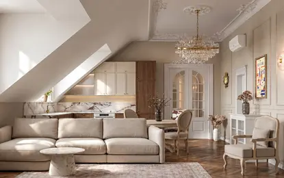 Wnętrze poddasza w stylach glamour, minimaluxe, nowoczesny, quiet luxury, tradycyjny, vintage z beżową sofą