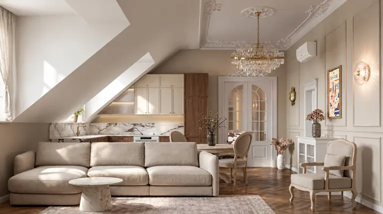 Wnętrze poddasza w stylach glamour, minimaluxe, nowoczesny, quiet luxury, tradycyjny, vintage z beżową sofą