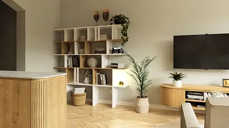 Wnętrze salonu w stylu boho, japandi, minimalistycznym z roślinami