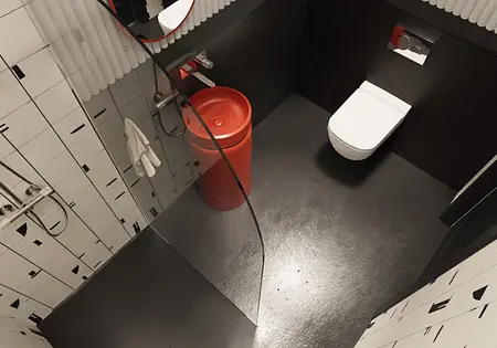 Nowoczesna łazienka z białymi kaflami, czerwoną koszem i eleganckim WC.