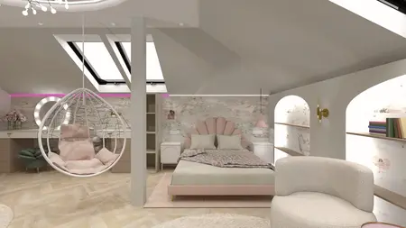 Wnętrze poddasza z różowym łóżkiem i wiszącym fotelem w stylu glamour i nowoczesnym.