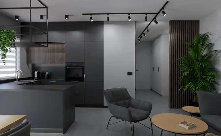 Wnętrze kuchni z industrialnym i minimalistycznym stylem, nowoczesne meble i roślinność.