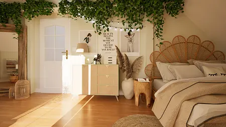 Sypialnia w stylu boho z drewnianym łóżkiem i roślinami.