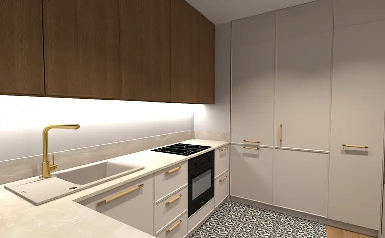 Wnętrze kuchni z drewnianymi meblami i nowoczesnym designem