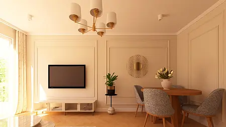 Wnętrze salonu z jasnymi meblami, telewizorem i roślinami