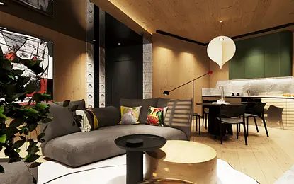 Wnętrze salonu z szarym narożnikiem, eklektycznymi akcentami i zieloną kuchnią w stylu dopamine decor.