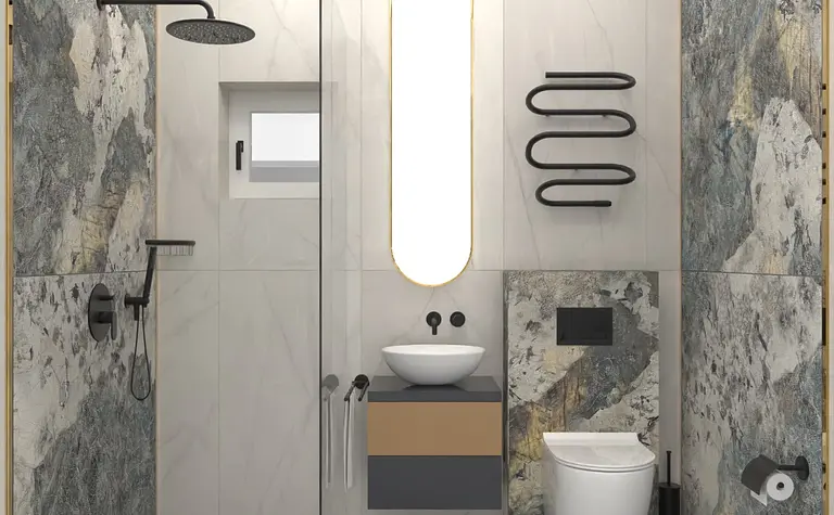 Nowoczesna łazienka w stylach dopamine decor, industrialny i minimalistyczny z kamiennymi akcentami.