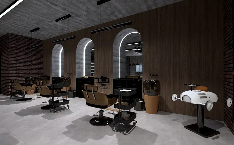 Nowoczesny salon fryzjerski z drewnianymi elementami i oświetleniem LED.