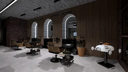 Nowoczesny salon fryzjerski z drewnianymi elementami i oświetleniem LED.