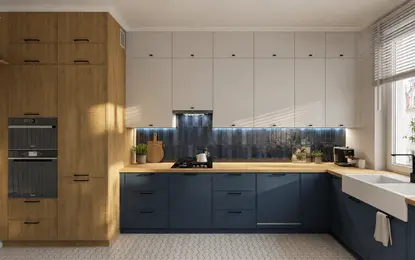 Wnętrze kuchni z elementami art deco, eklektycznymi i minimalistycznymi.