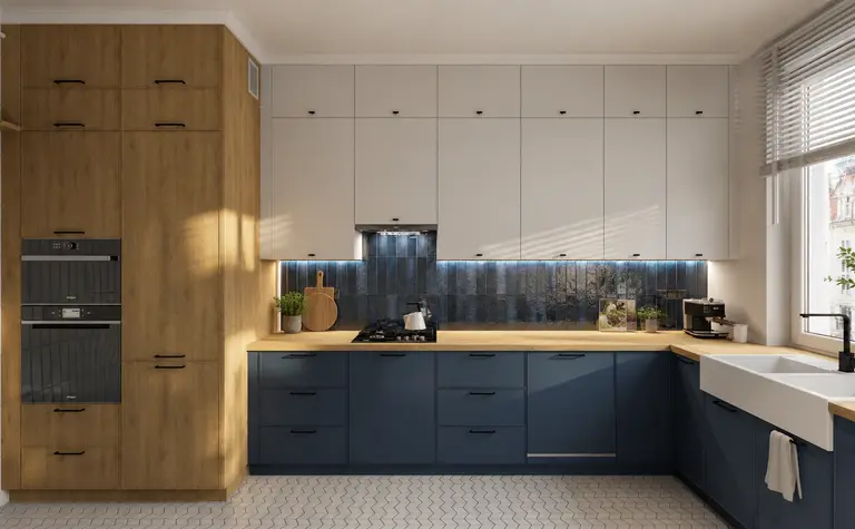 Wnętrze kuchni z elementami art deco, eklektycznymi i minimalistycznymi.